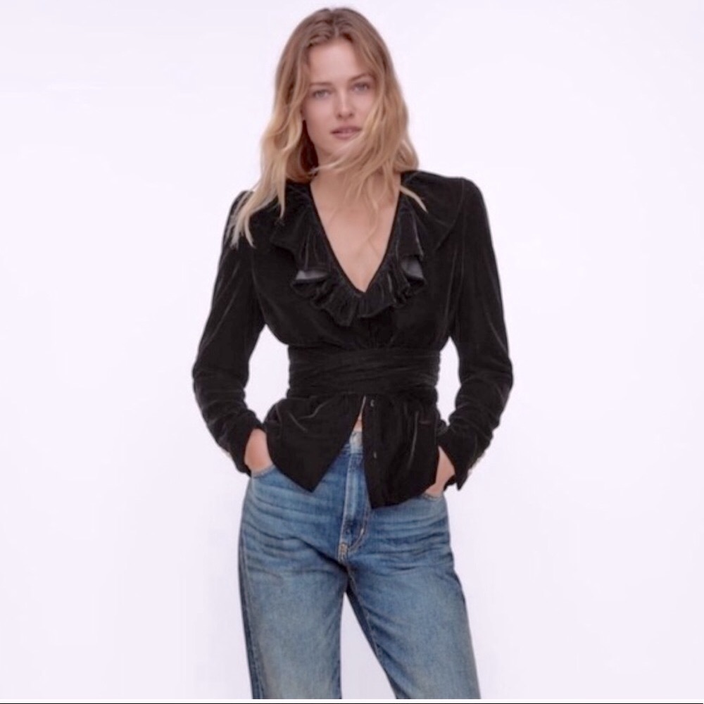 ZARA Ruffle Velvet Blazer
